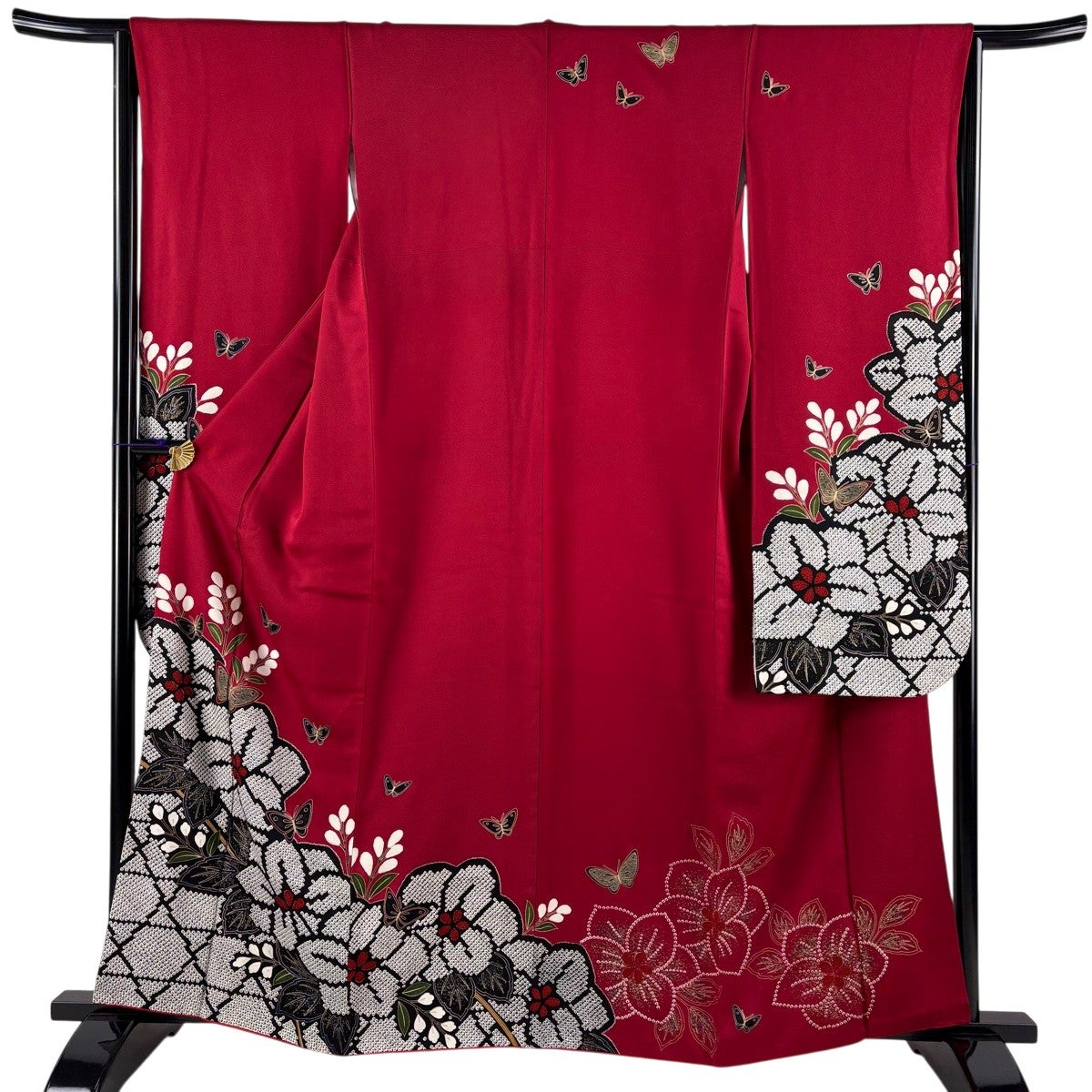 振袖 美品 名品 身丈164.5cm 裄丈65.5cm 正絹 【中古】 振袖 身丈164.5cm 裄丈65cm M 袷 袋帯フルセット 鈴乃屋 椿 幾何学模様