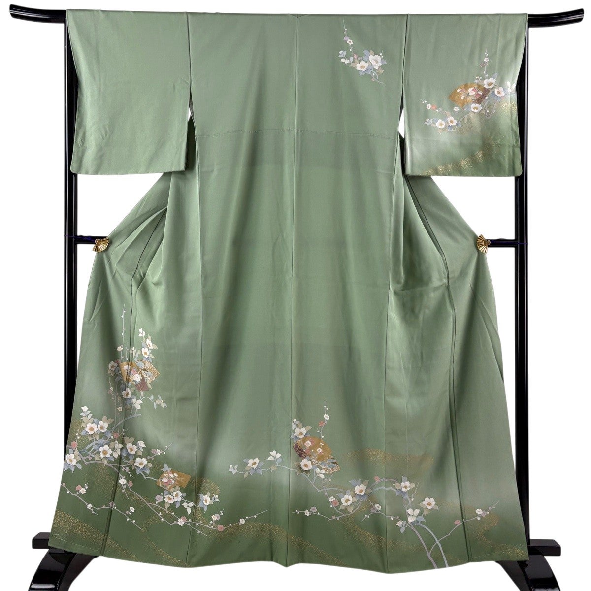 美品】 訪問着 身丈166.5cm 裄丈66cm M 袷 枝花 松 金彩 ぼかし 薄緑