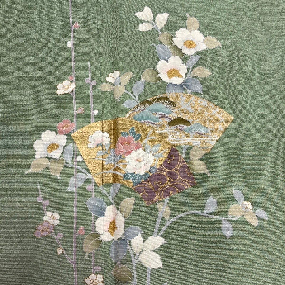 50%OFF 訪問着 身丈162.5cm 裄丈66cm M 袷 扇面 草花 金彩 ぼかし 薄緑