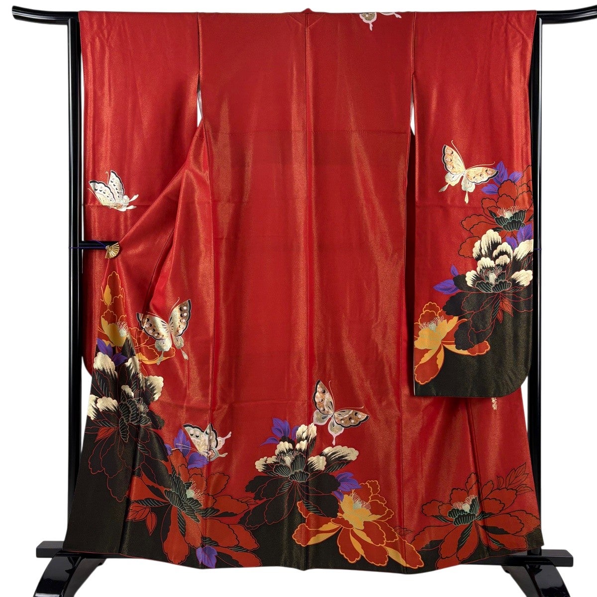 美品】 振袖 身丈160.5cm 裄丈63.5cm S 袷 山本寛斎 落款あり 蝶 草花
