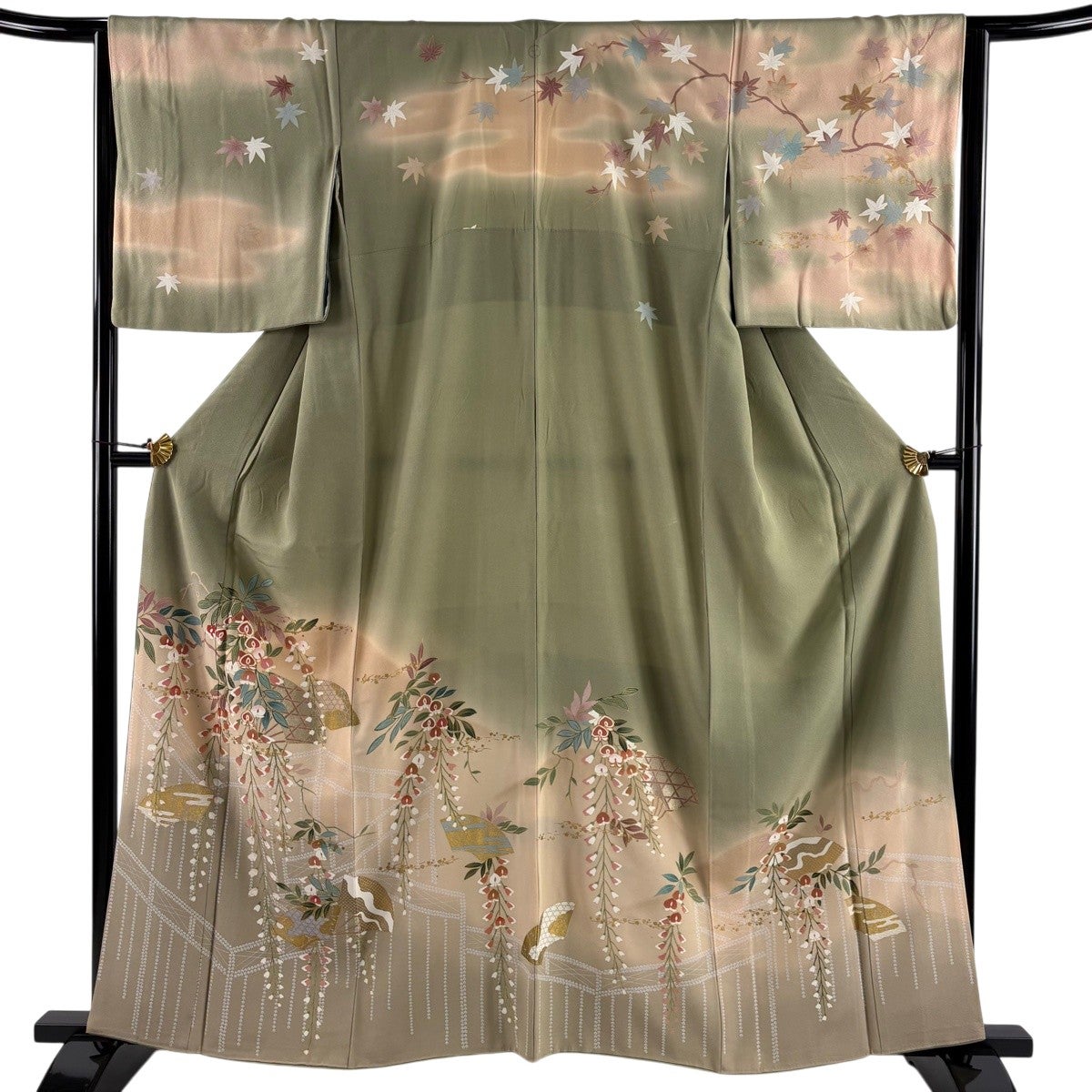 訪問着 身丈161.5cm 裄丈67cm M 袷 菊 萩 金銀彩 ぼかし 灰色 正絹 秀