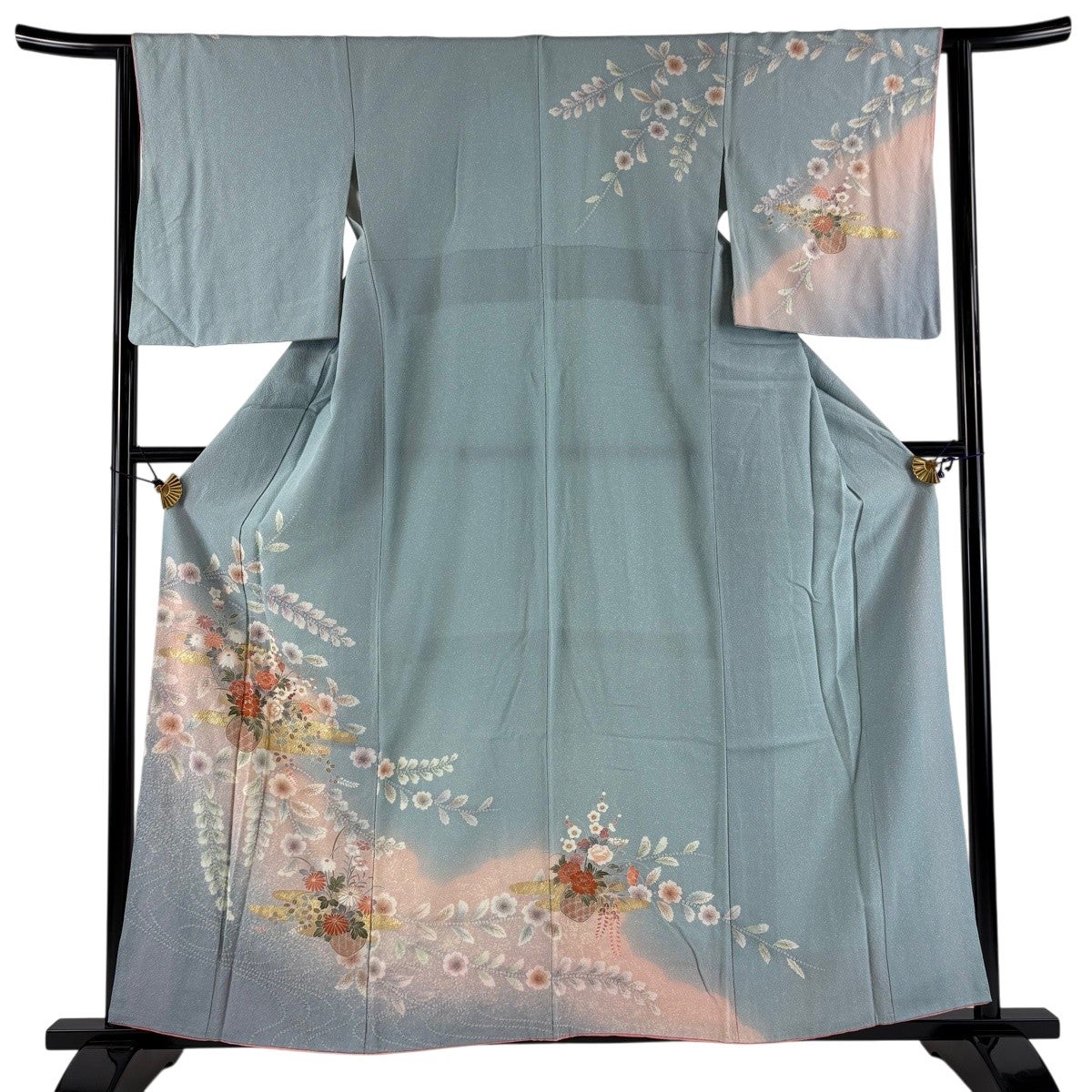 訪問着 身丈158.5cm 裄丈62.5cm S 袷 花籠 霞 絞り 金銀彩 水色 正絹