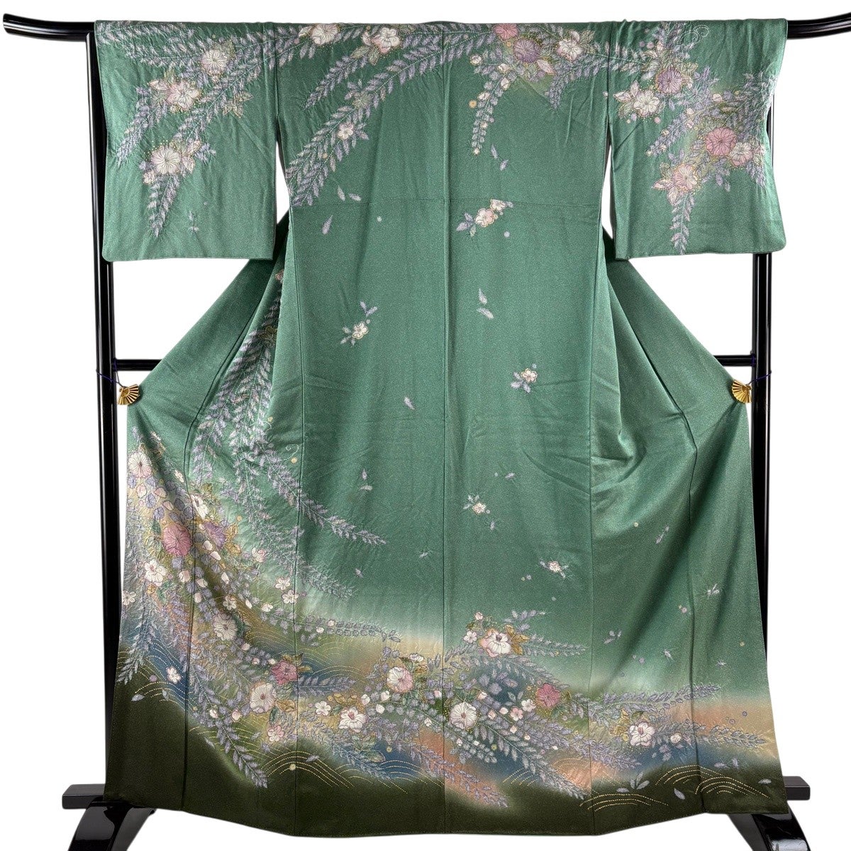 訪問着 身丈162.5cm 裄丈66cm M 袷 落款あり 鴛鴦 菖蒲 金糸 金彩 薄緑
