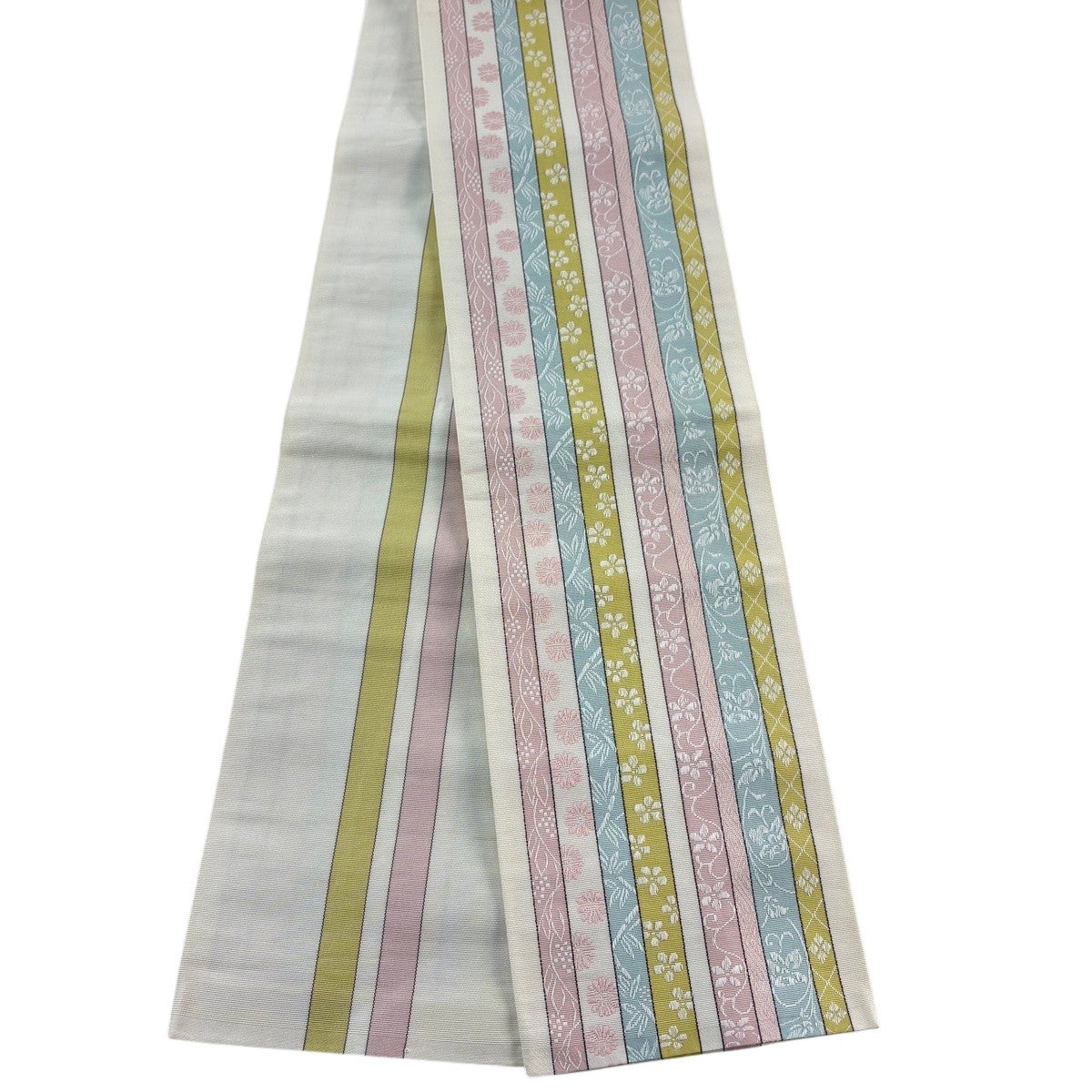 美品】半幅帯 名品 証紙あり 本場博多織 花 縞 薄黄 正絹｜中古・古着