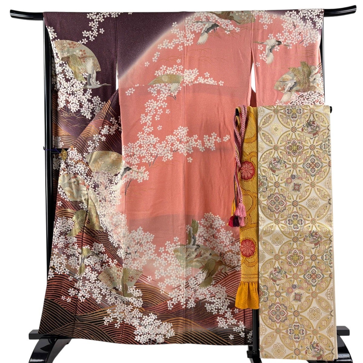 振袖 身丈160.5cm 裄丈66cm M 袷 袋帯フルセット 鶴 桜 金彩 染め分け