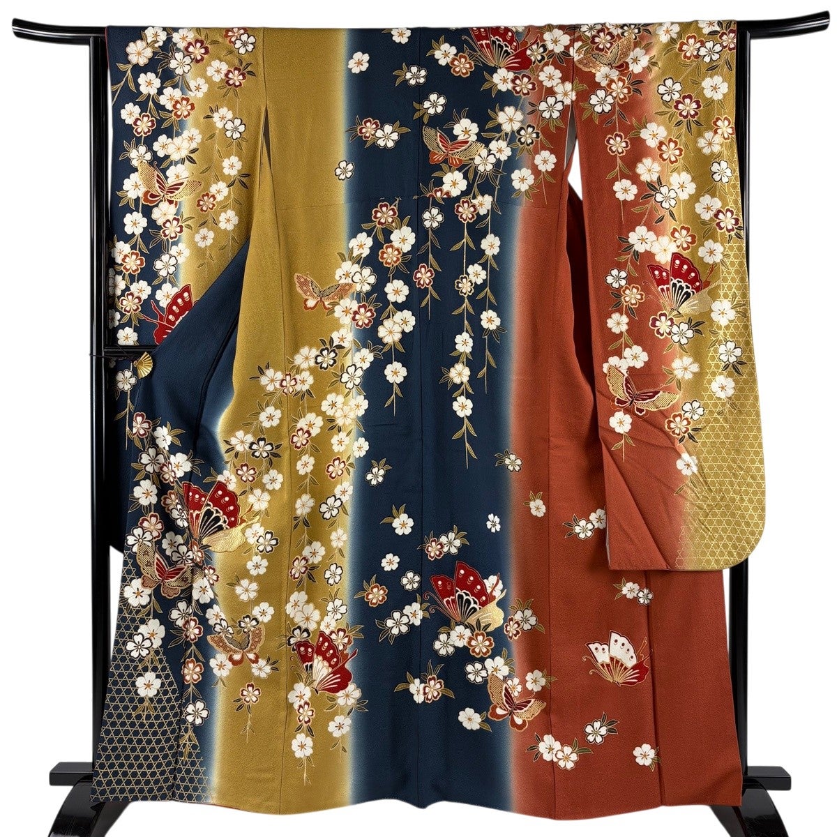 振袖単品　袷 梅 蝶 金糸 絞り 赤 正絹 秀品 振袖 身丈160.5cm 裄丈64cm M 袷 蝶 桜 金糸 金彩 紺色 正絹 秀品