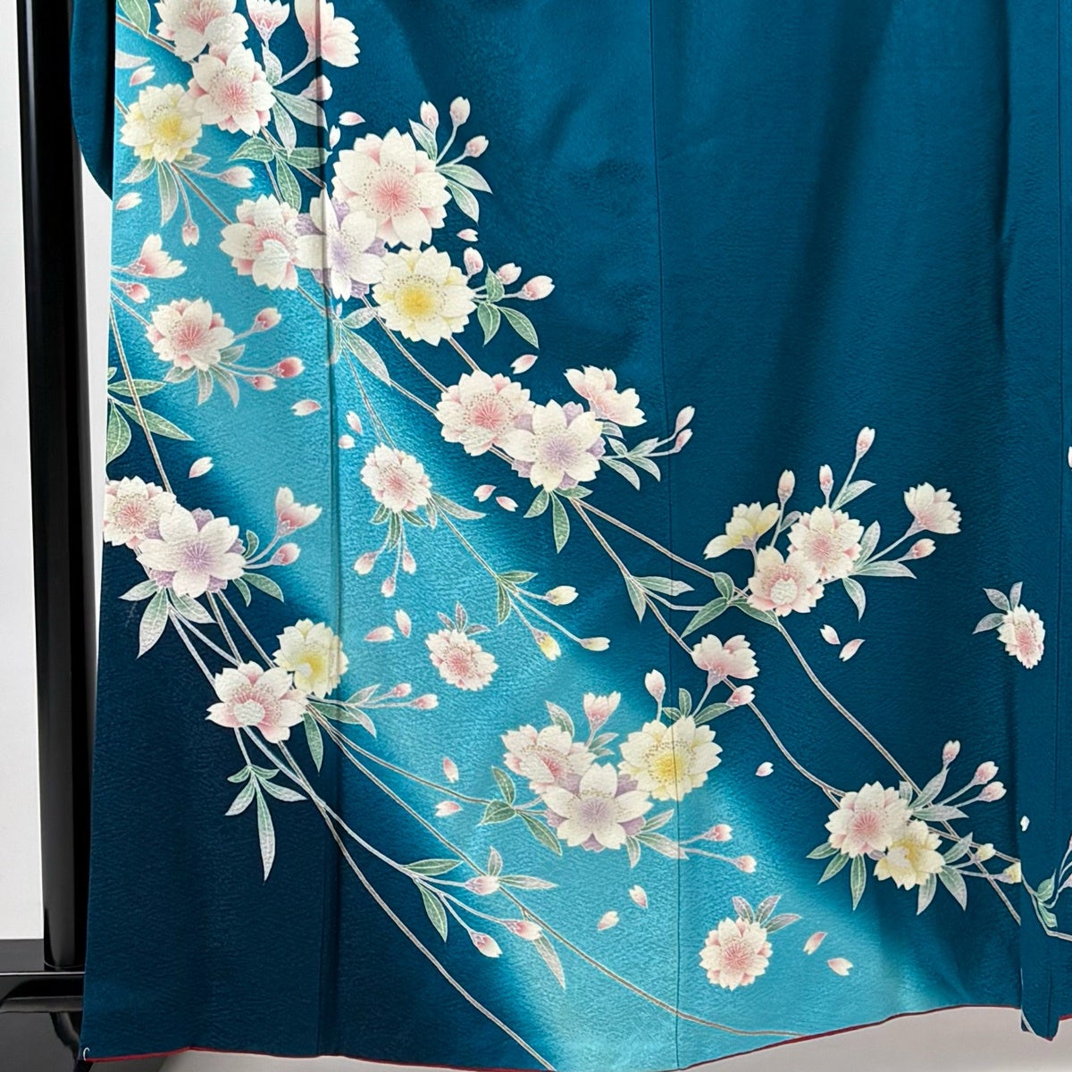 振袖 身丈162.5cm 裄丈67.5cm L 袷 枝垂れ桜 ぼかし 金彩 青緑 正絹 秀