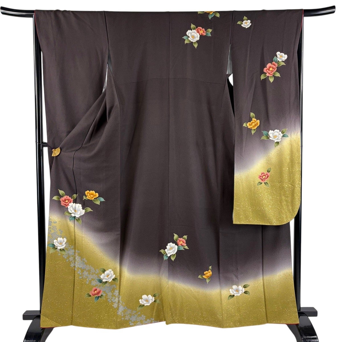 振袖 身丈162.5cm 裄丈68cm 正絹 秀品 【中古】 振袖 身丈162cm 裄丈66cm M 袷 椿 桜 金彩 染め分け 茶紫 正絹 秀品