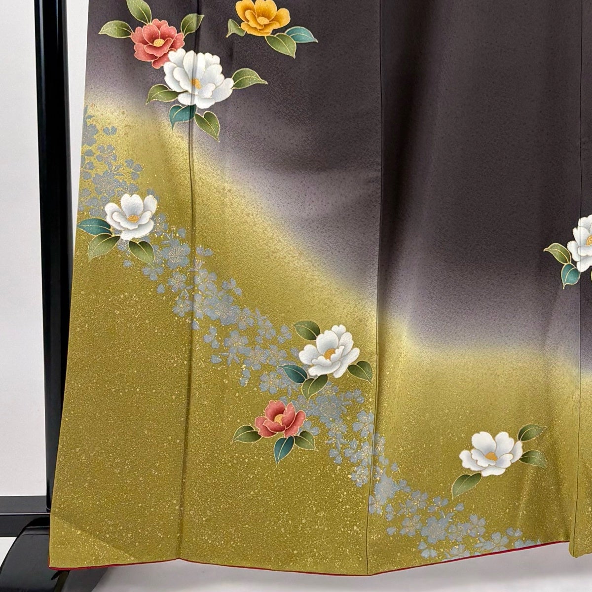 振袖 身丈162cm 裄丈66cm M 袷 椿 桜 金彩 染め分け 茶紫 正絹 秀品