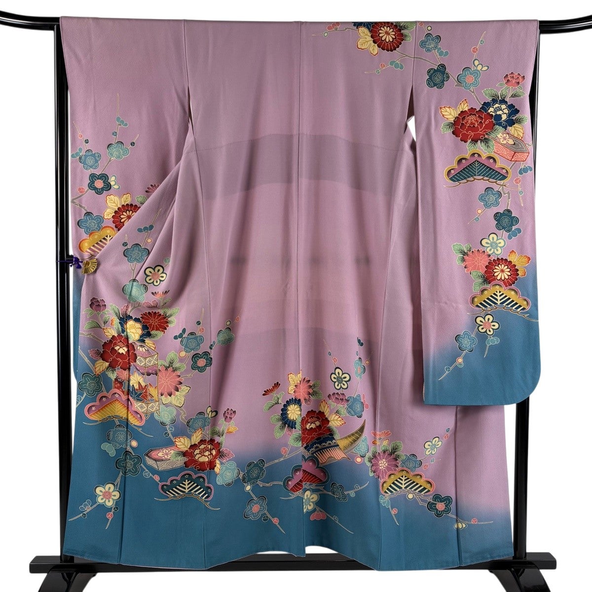 振袖 身丈166.5cm 裄丈66cm M 袷 花車 牡丹 ぼかし 水色 正絹 名品
