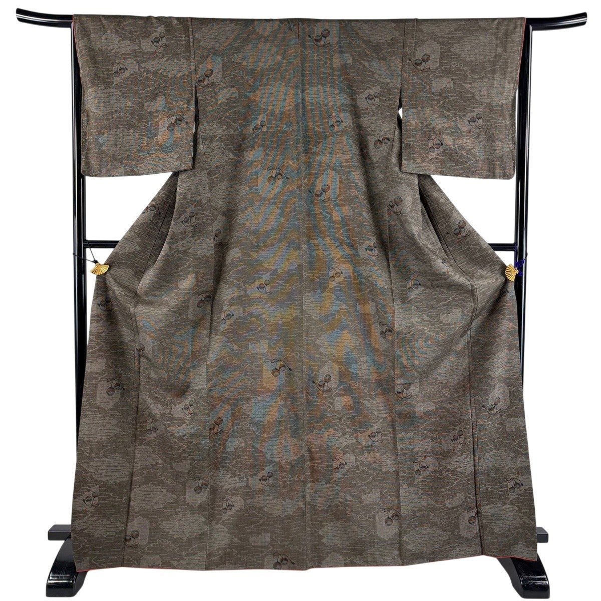 美品】 紬 身丈168cm 裄丈65.5cm M 袷 鈴 幾何学 灰茶 正絹 秀品｜中古