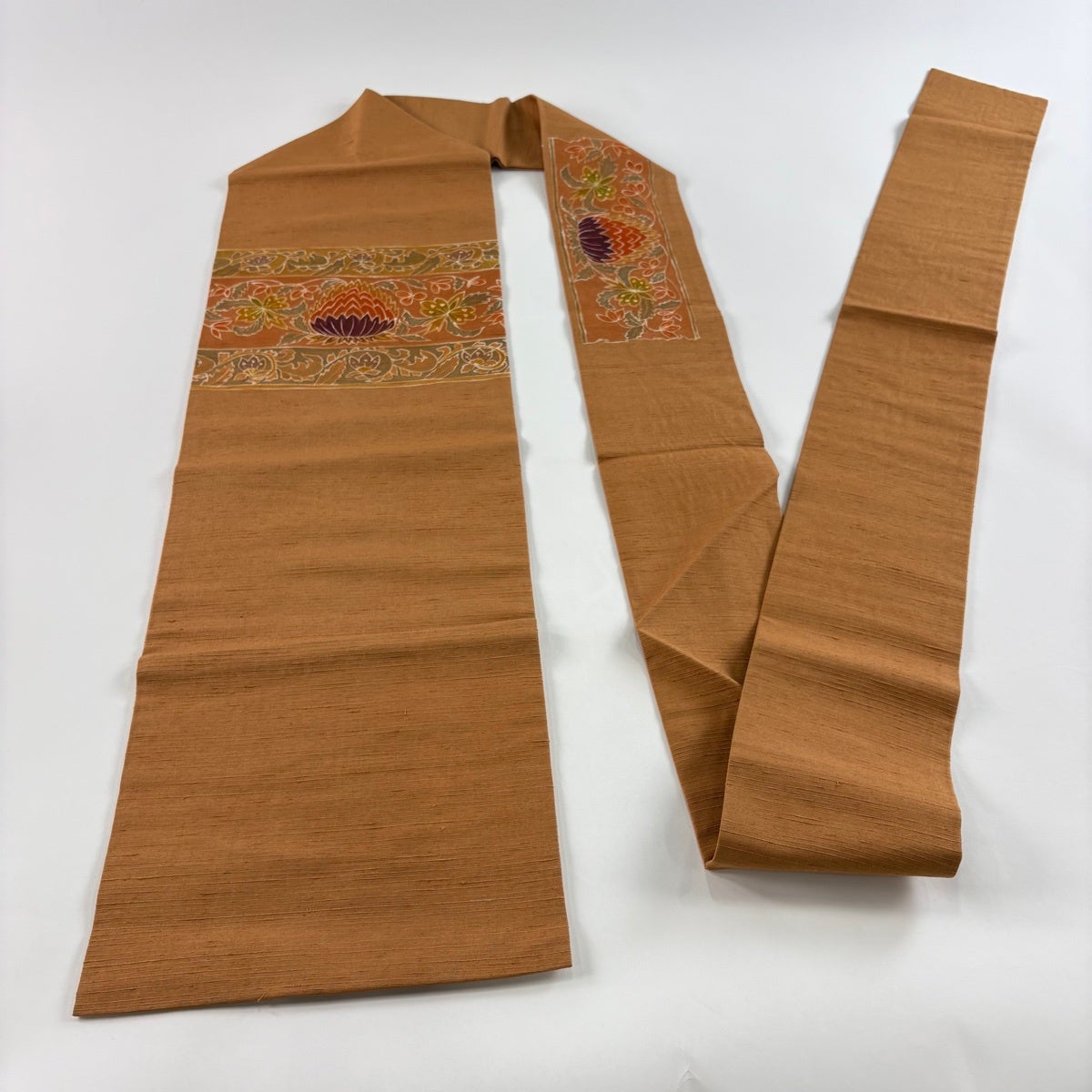 美品】 名古屋帯 秀品 紬地 草花 山吹茶色 正絹｜中古・古着