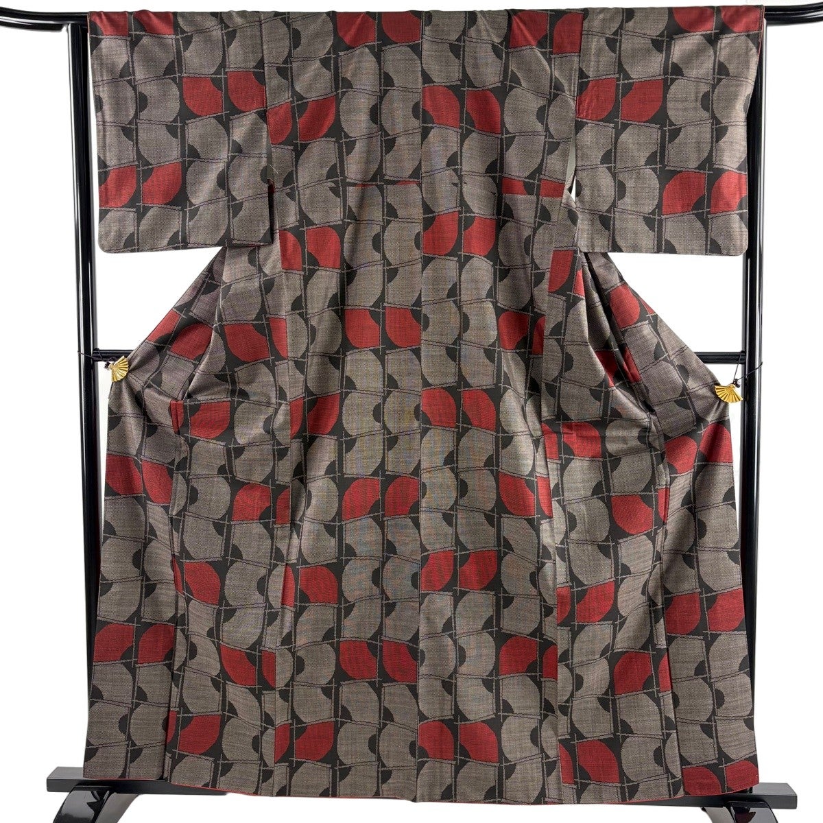 美品】 紬 身丈160.5cm 裄丈65cm M 袷 扇面 変わり格子 焦茶色 正絹 秀