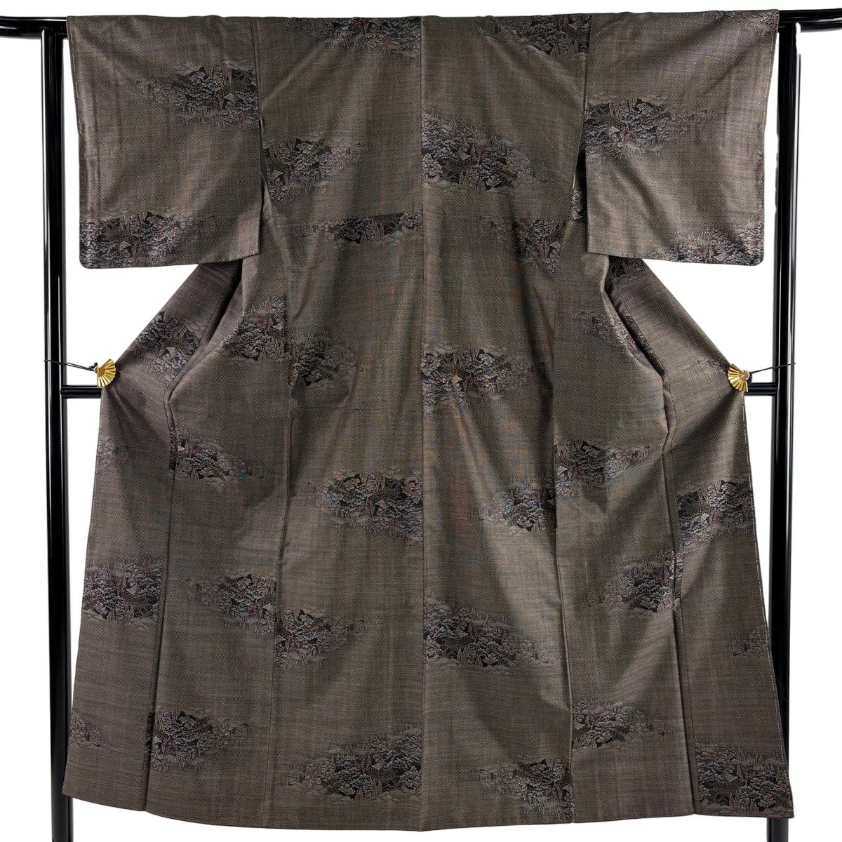 美品】 紬 身丈161cm 裄丈70cm L 単衣 幾何学 花織 茶色 正絹 逸品