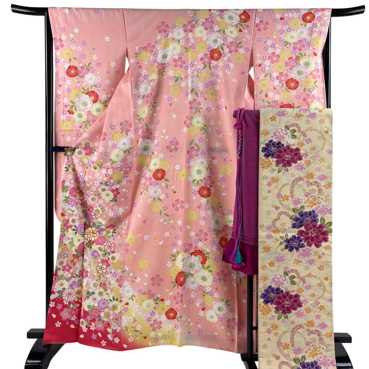 振袖 身丈163.5cm 裄丈67cm M 袷 袋帯フルセット 花籠 桜 金彩