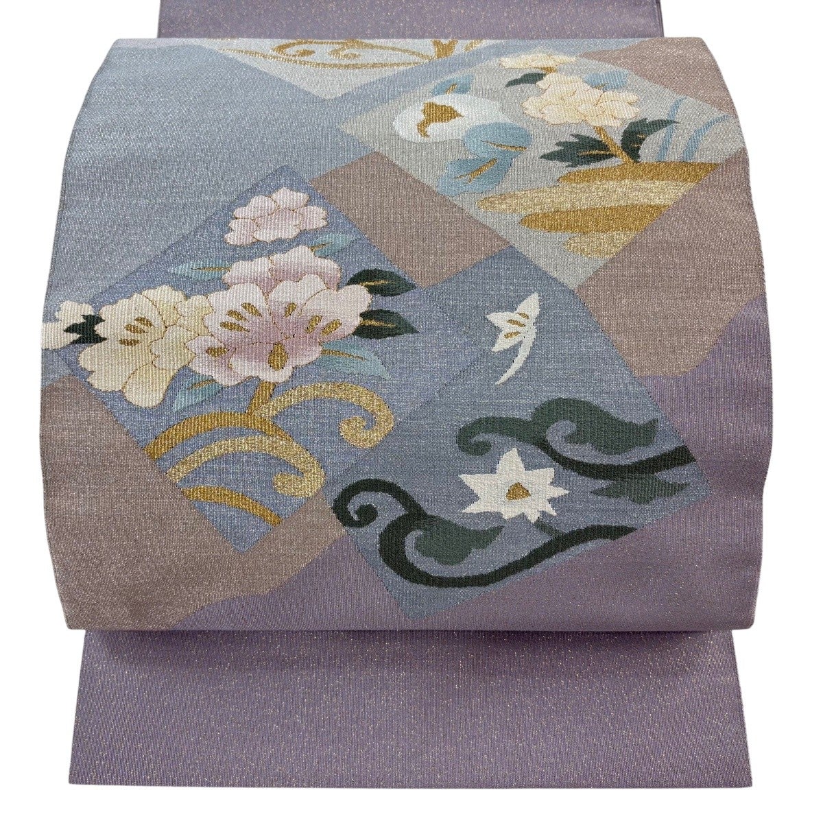絹 名古屋帯 六通　シルバー箔　正装用にも　夏帯 草花柄ベージュ 銀糸刺繍 名古屋帯 優品 草花 霞 刺繍 金銀糸 ベージュ 正絹｜中古・古着