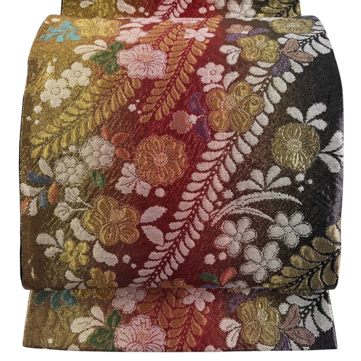 美品】 袋帯 秀品 振袖向き 辻が花柄 草花 金銀糸 箔 灰色 六通 正絹