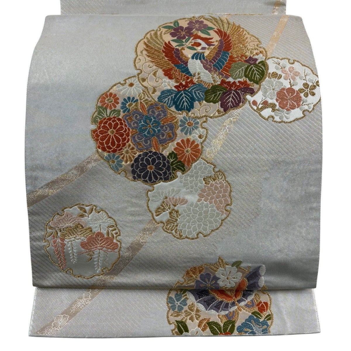 美品】 袋帯 名品 蹴鞠 枝垂れ桜 金銀糸 唐織 クリーム 六通 正絹