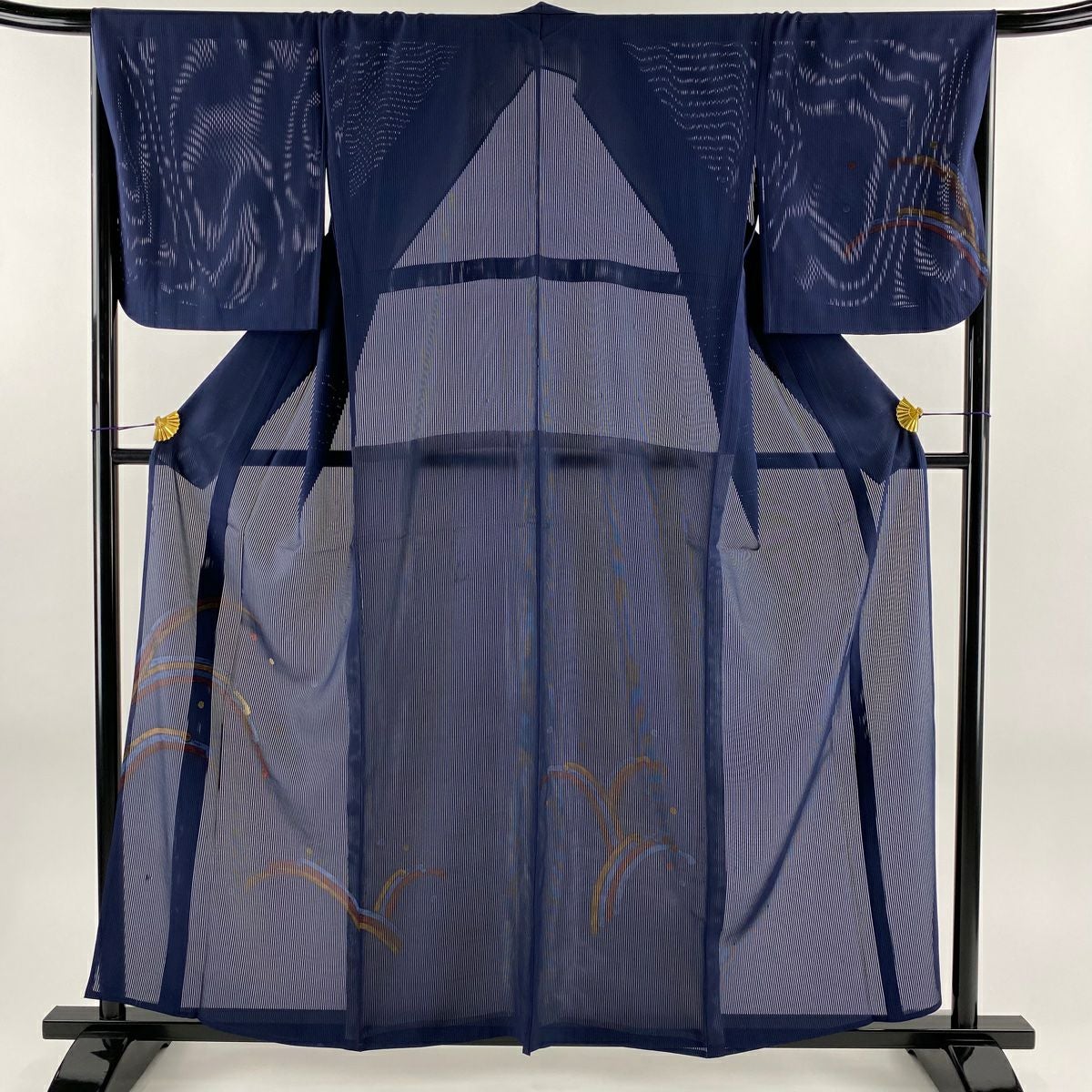 付下げ 身丈158.5cm 裄丈67cm M 薄物 縦絽 波 青紫 正絹 秀品｜中古