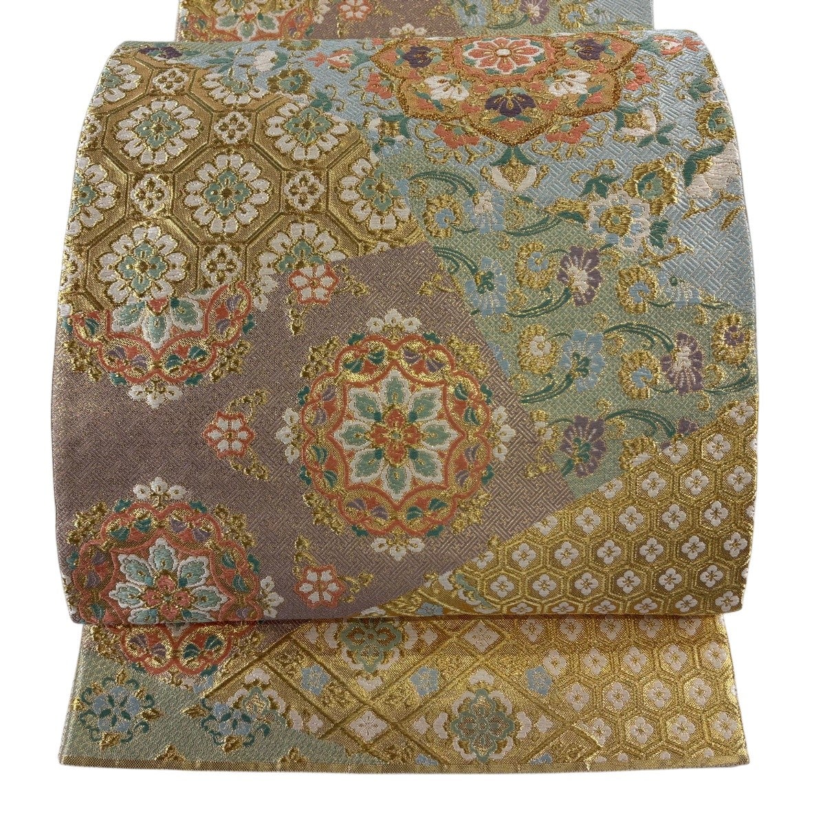 美品】 袋帯 秀品 織彩吉祥錦 色紙 草花 金糸 箔 ベージュ 六通 正絹