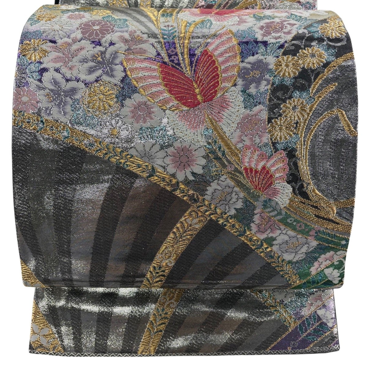 袋帯 秀品 関西仕立て 蝶 草花 箔 金糸 銀色 六通 正絹｜中古・古着