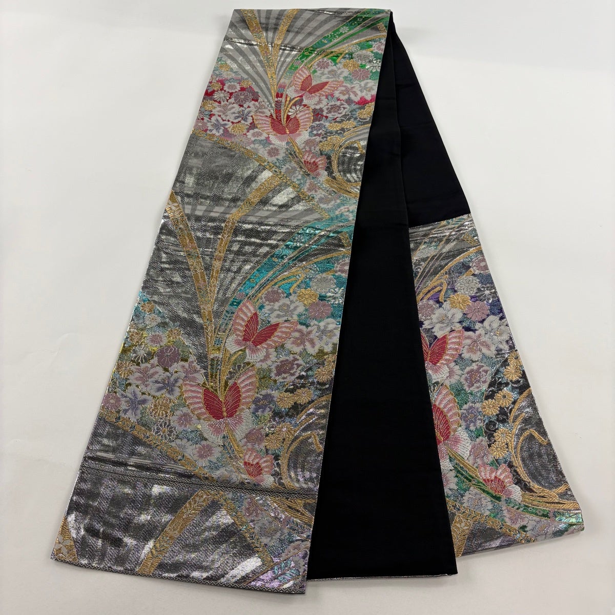 袋帯 秀品 関西仕立て 蝶 草花 箔 金糸 銀色 六通 正絹｜中古・古着