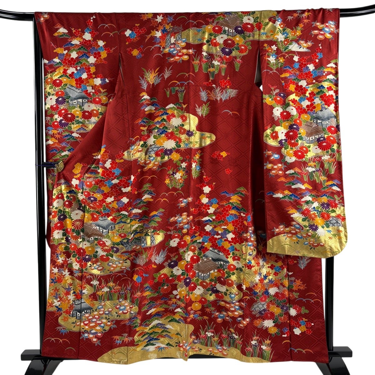 美品】 振袖 身丈159cm 裄丈66cm M 袷 桜 組紐 箔 金彩 黒 正絹 名品