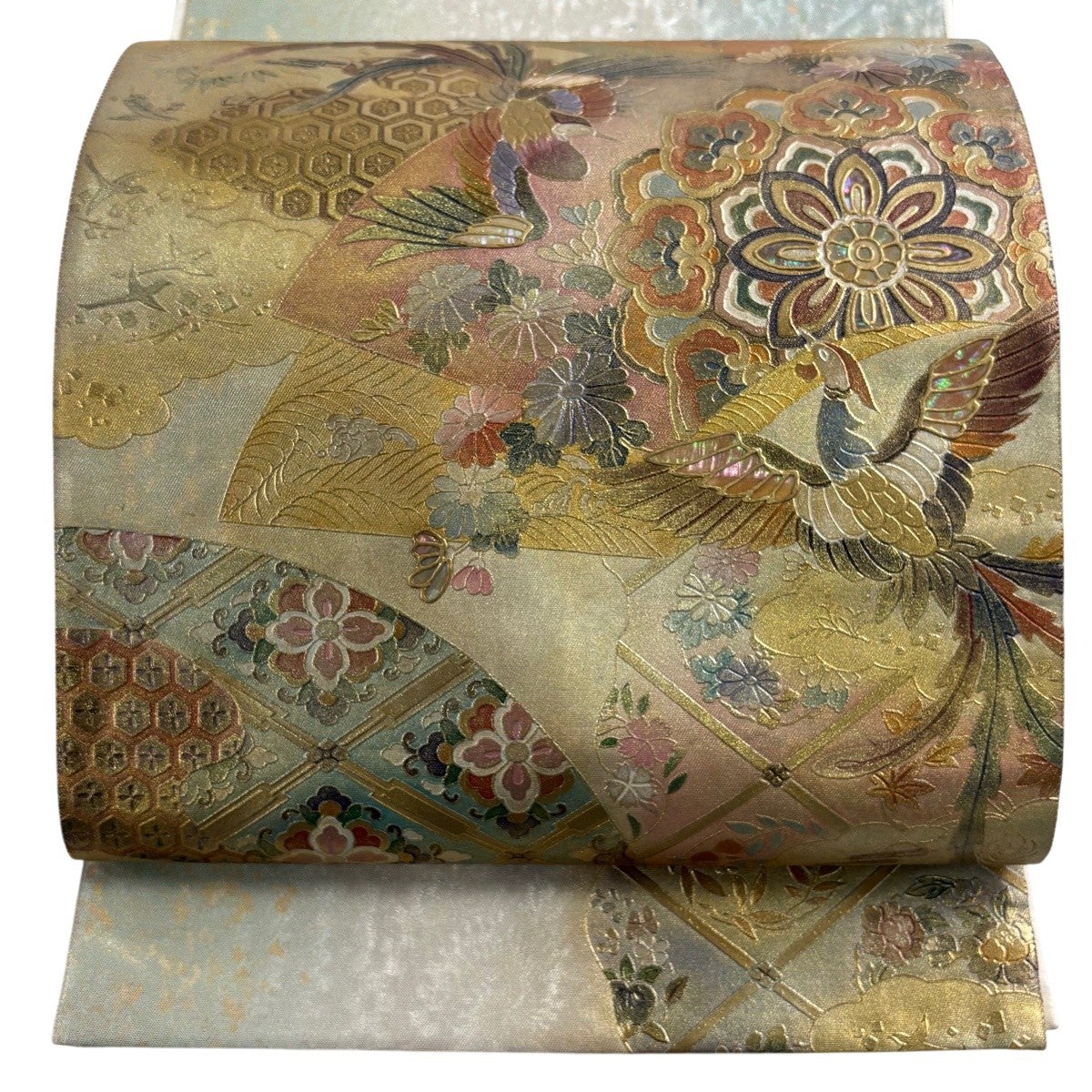 袋帯 名品 鳳凰 花唐草 螺鈿 金彩 薄緑 お太鼓柄 正絹｜中古・古着