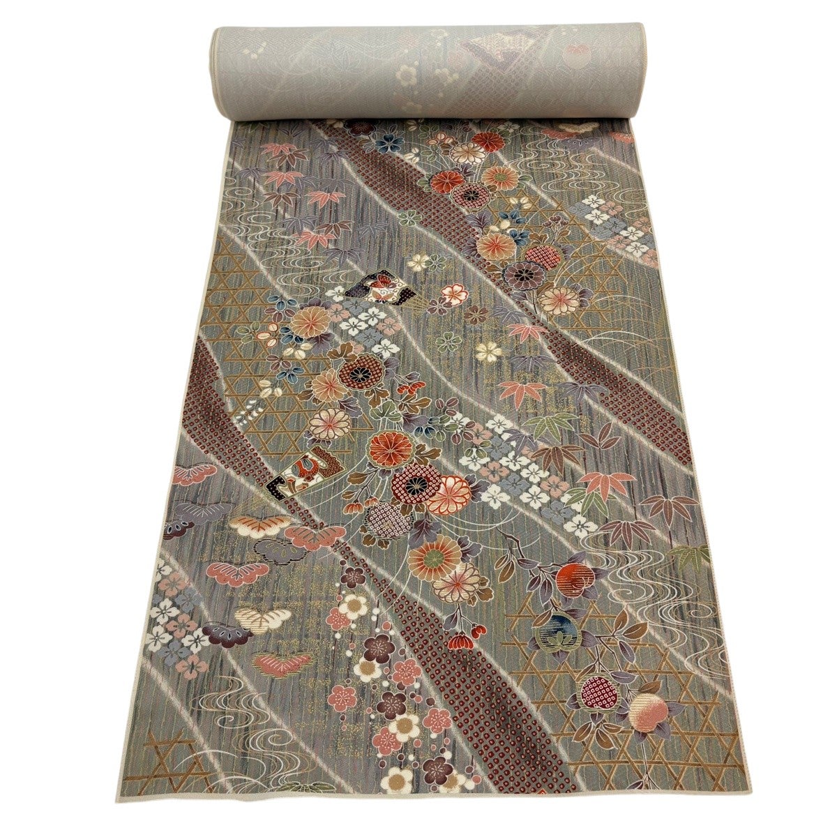 30%OFF 反物 秀品 小紋 扇 草花 金彩 クリーム 正絹 K30｜中古・古着