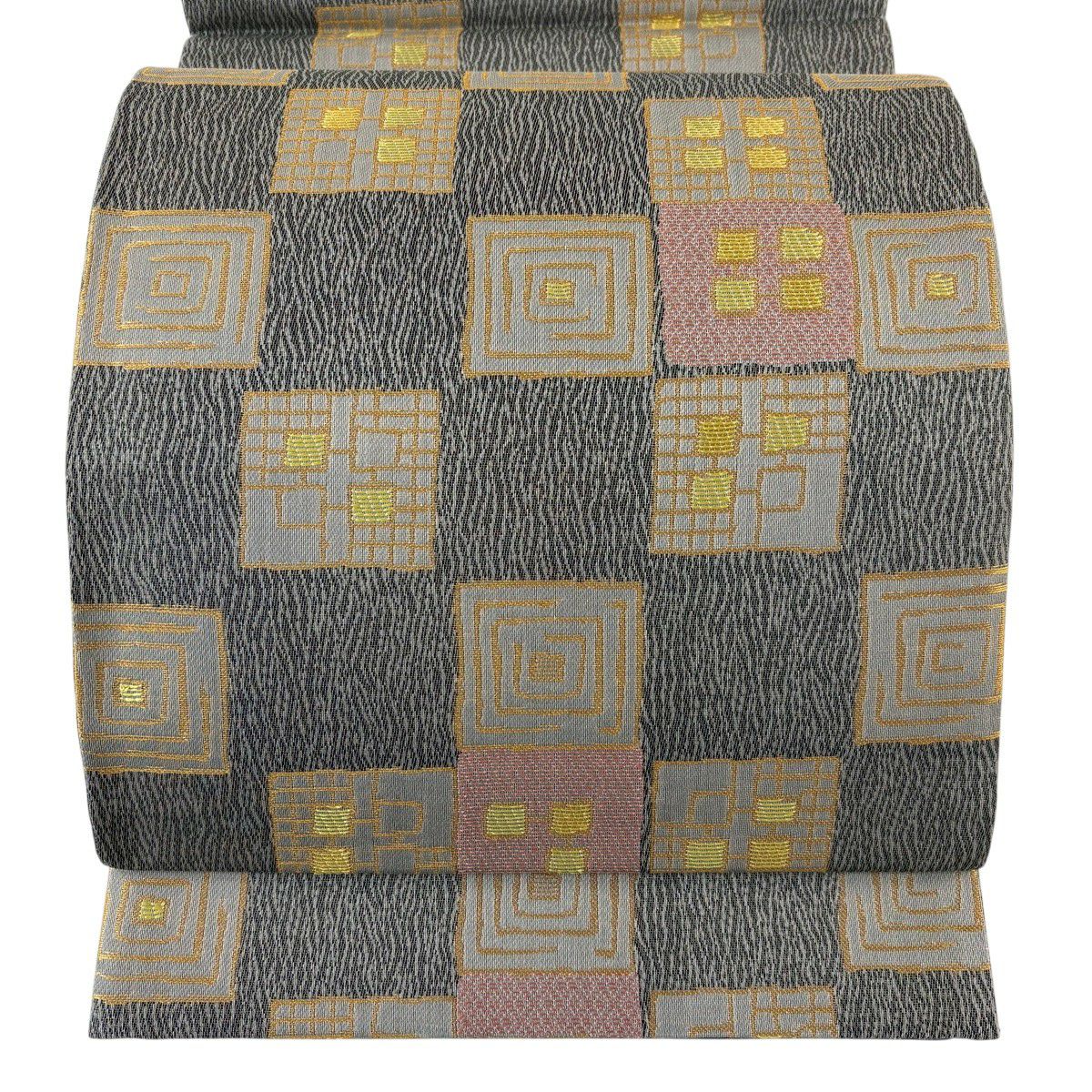 50%OFF 【美品】 袋帯 逸品 落款あり 木村幸啓 幾何学模様 箔 灰色 六