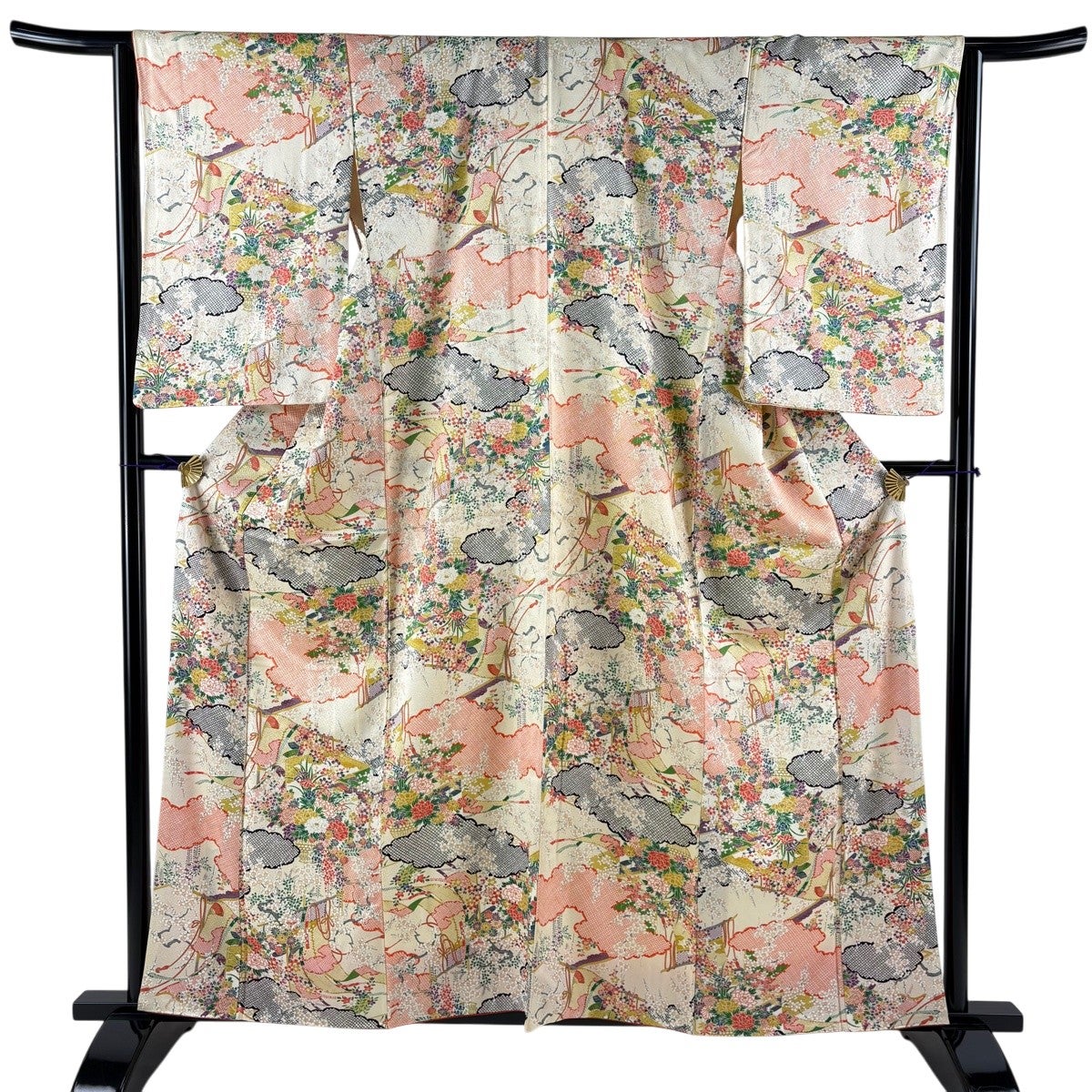 袋帯 逸品 関西仕立て 花鳥 雲文 金銀糸 クリーム お太鼓柄 正絹｜中古