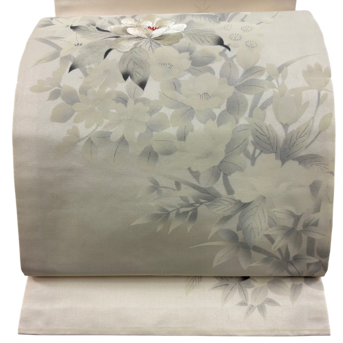 開き名古屋帯 優品 関西仕立て 草花 枝花 銀糸 刺繍 クリーム 正絹 開き名古屋帯 優品 関西仕立て 草花 枝花 銀糸 刺繍 クリーム 正絹