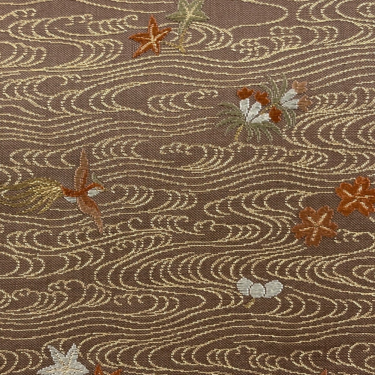 美品】 名古屋帯 優品 花鳥 流水 金糸 刺繍 茶色 正絹｜中古・古着
