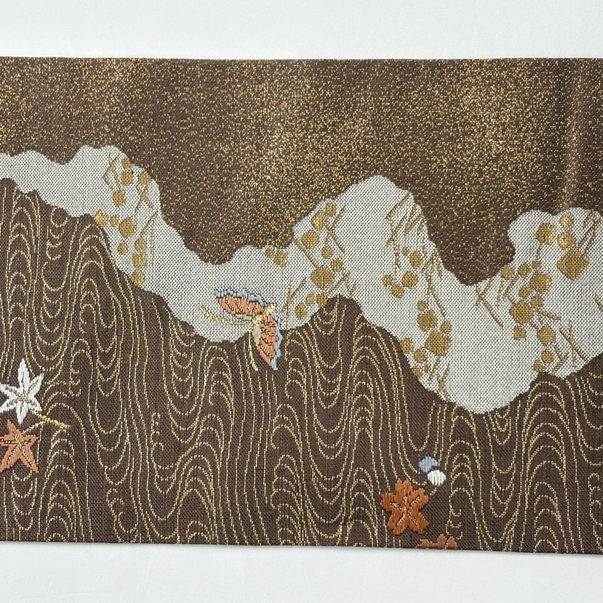 美品】 名古屋帯 優品 花鳥 流水 金糸 刺繍 茶色 正絹｜中古・古着