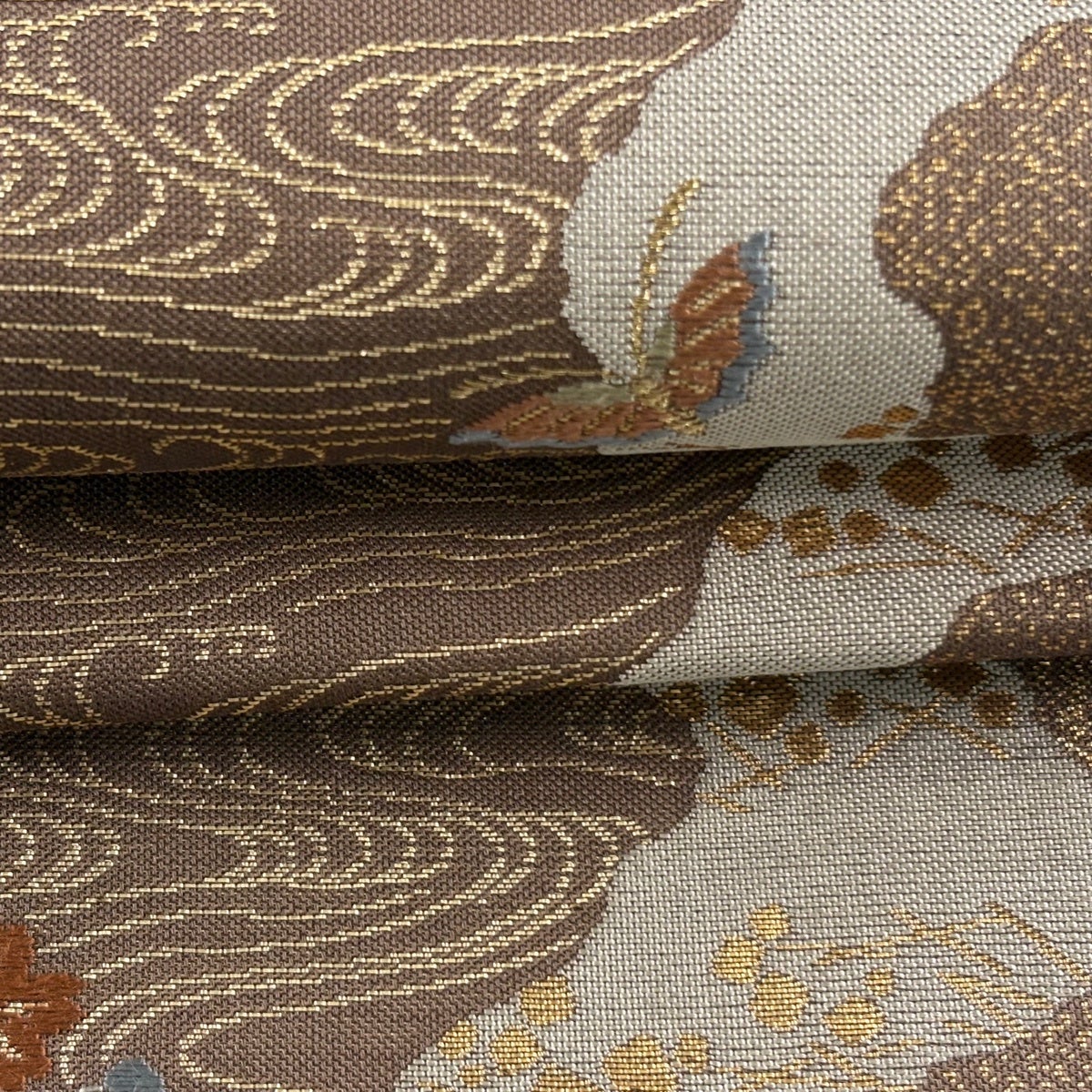 美品】 名古屋帯 優品 花鳥 流水 金糸 刺繍 茶色 正絹｜中古・古着