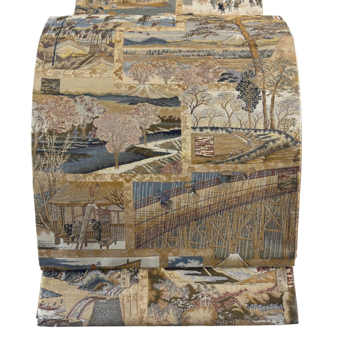袋帯 秀品 風景 建物 螺鈿箔 金彩 金色 お太鼓柄 正絹｜中古・古着