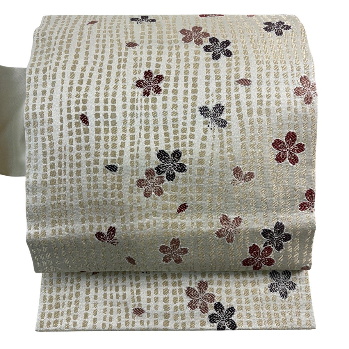 名古屋帯　縮緬　型絵染　正絹　ベージュ　中古　カジュアル　【mm071】 名古屋帯 名品 ベージュ 正絹｜中古・古着・リサイクル着物通販