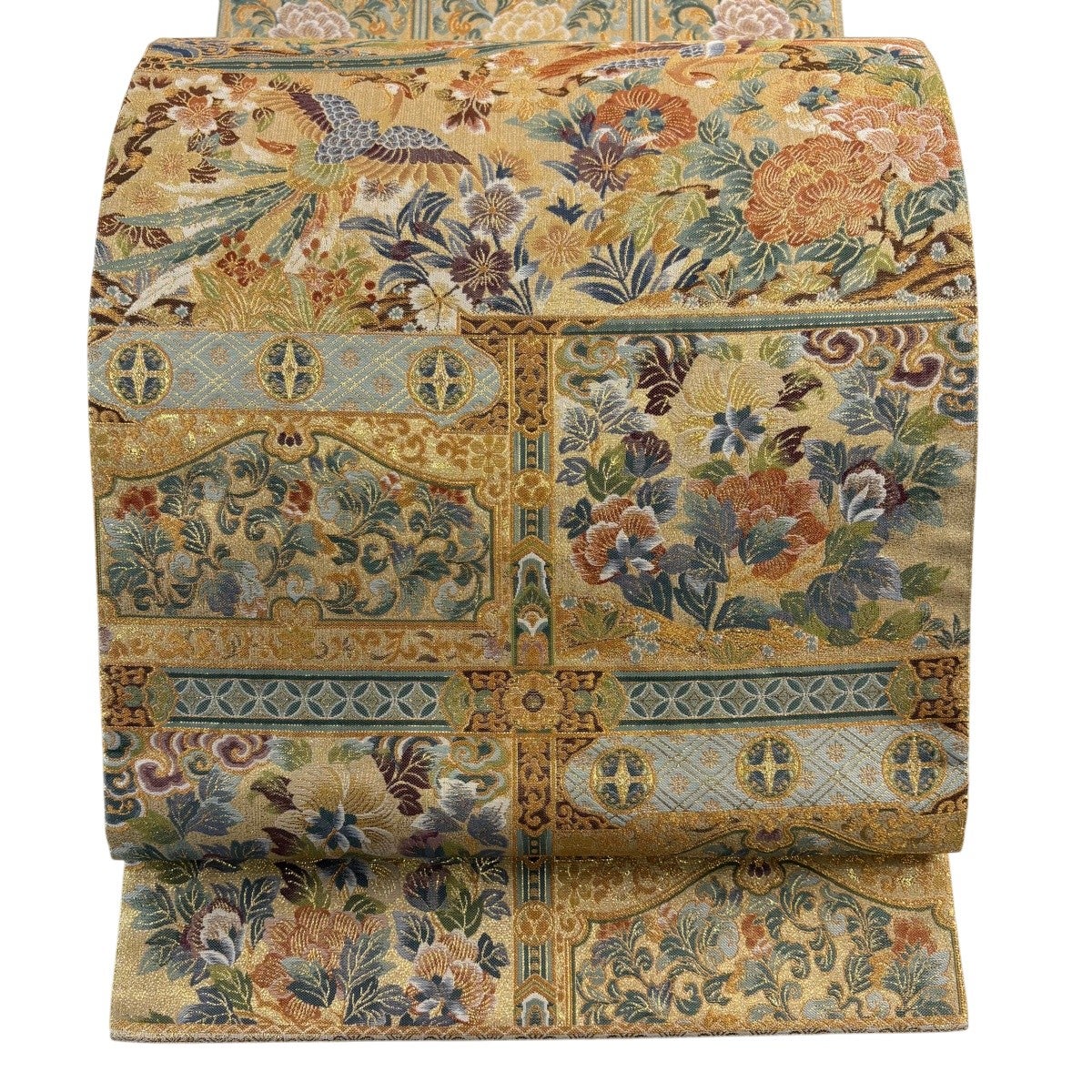 美品】 袋帯 名品 関西仕立て 華文 花喰鳥 金糸 刺繍 金色 お太鼓柄