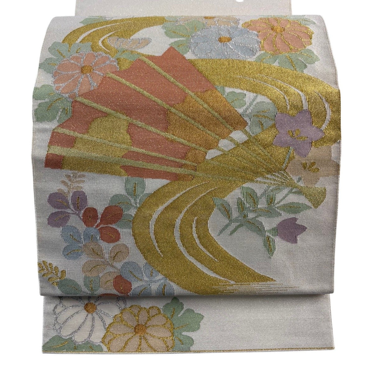 袋帯 逸品 関西仕立て 花鳥 雲文 金銀糸 クリーム お太鼓柄 正絹｜中古