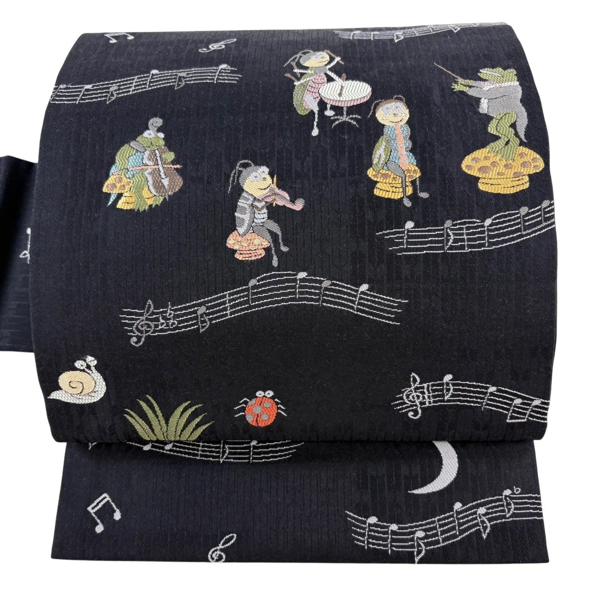 美品】 名古屋帯 逸品 虫 演奏会 刺繍 黒 正絹｜中古・古着