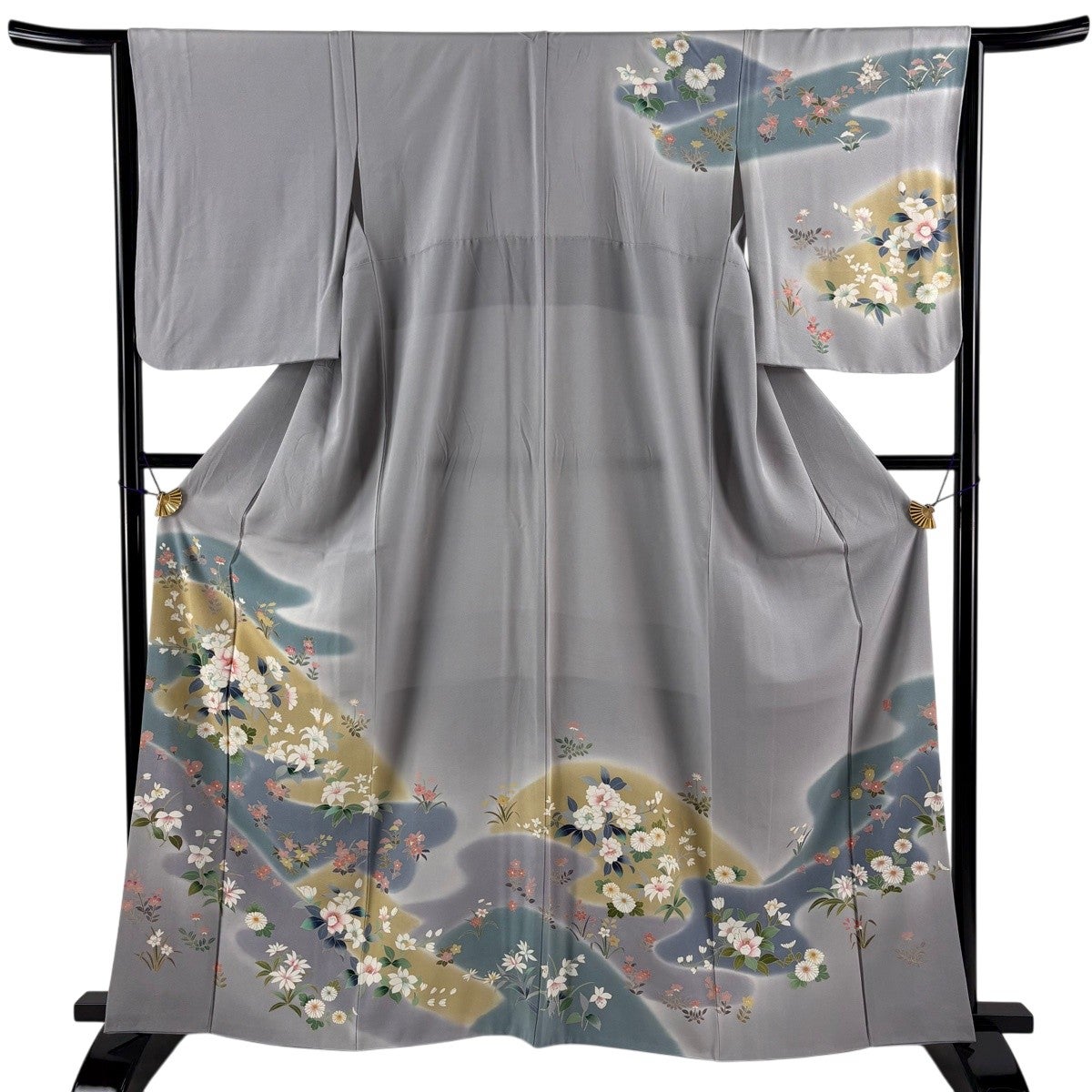 美品 着物(淡いグレー系 裄丈68) 銀座【D-3637】伝統工芸士 田島輝久作 小紋 グレー系 幾何文（落款入