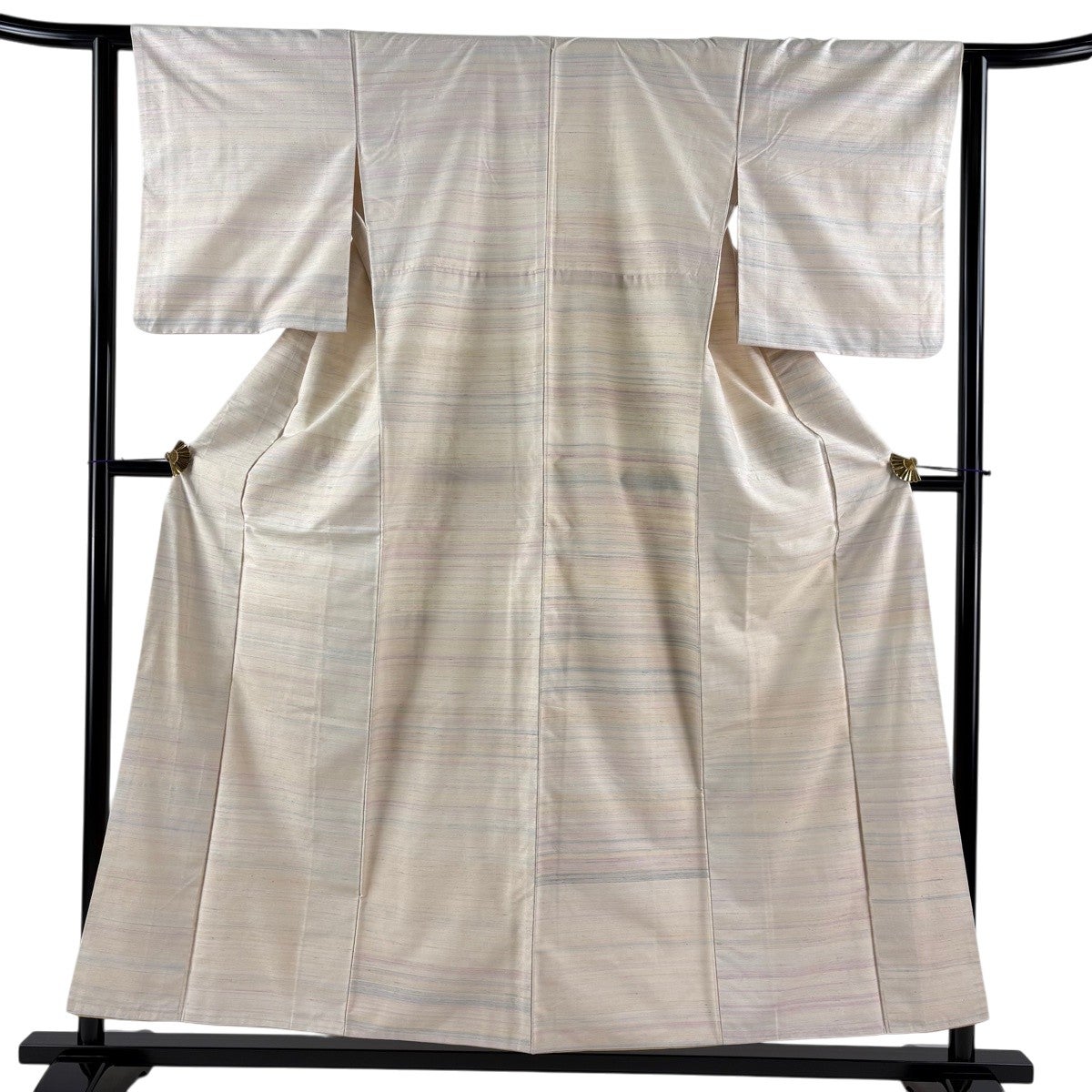 美品】 紬 身丈152.5cm 裄丈62cm S 袷 横縞 ベージュ 正絹 名品｜中古