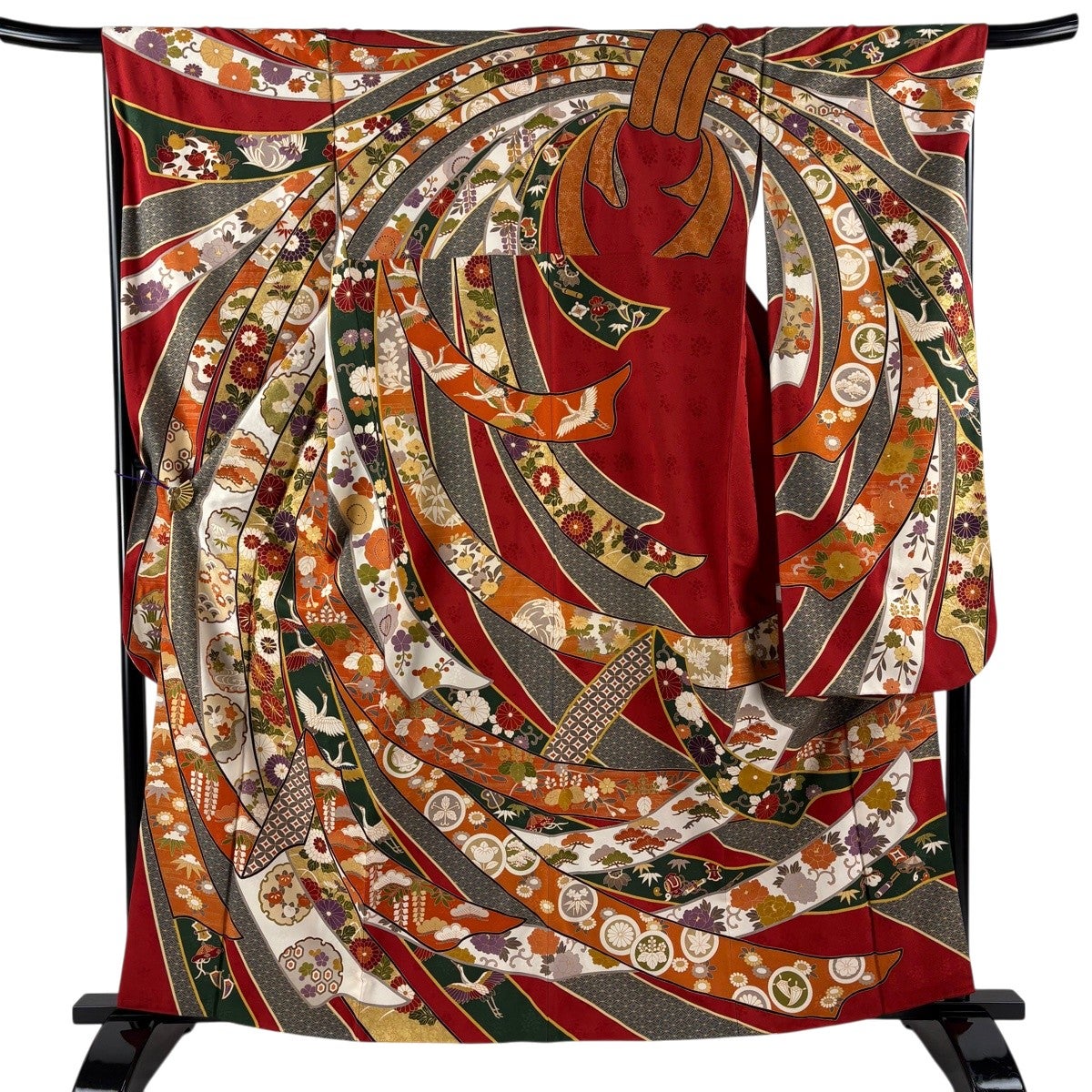 美品】 振袖 身丈161cm 裄丈67.5cm L 袷 束ね熨斗 松竹梅 金糸 金彩 赤