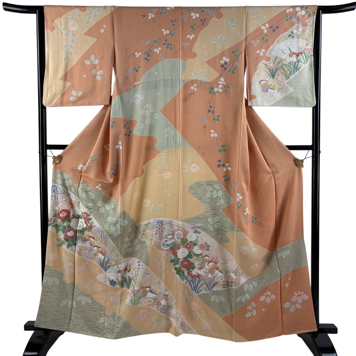 訪問着★正絹★オレンジ★茶★花柄★式典★中古Ｉ-21 レンタル フルセット 高級正絹 訪問着 HO-MI087 桜色 夾竹桃 桜 結婚式