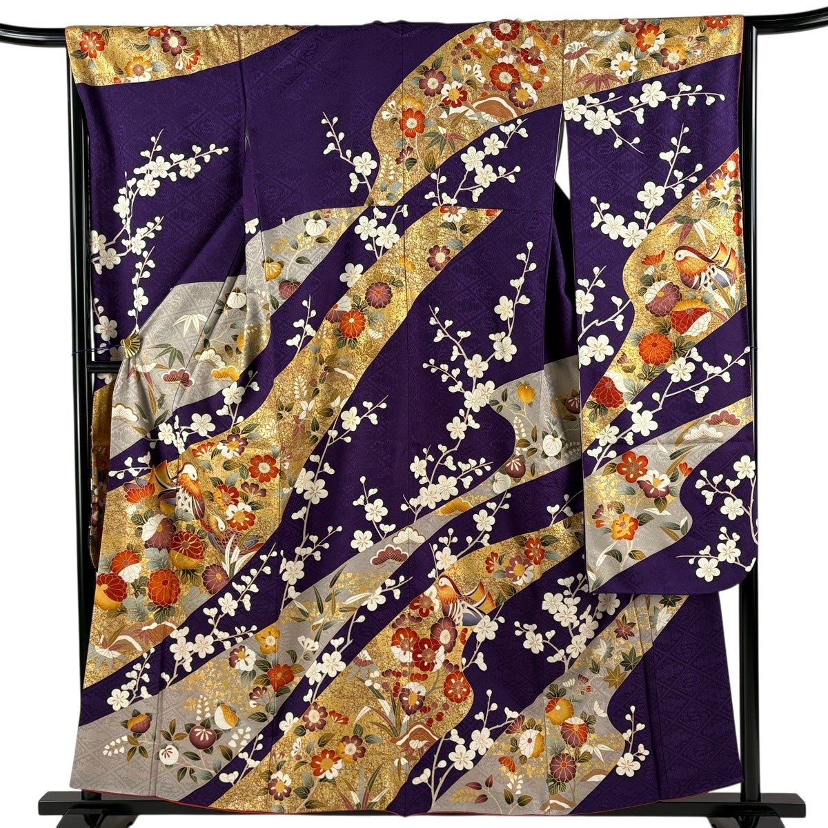 美品】 振袖 身丈160cm 裄丈66cm M 袷 草花 ぼかし 濃紫 正絹 秀品