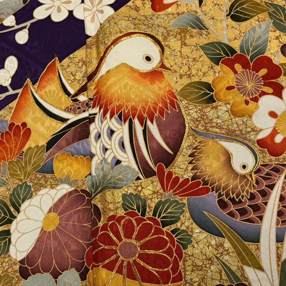 美品】 振袖 身丈157.5cm 裄丈66.5cm M 袷 鴛鴦 草花 金糸 金銀彩 濃紫