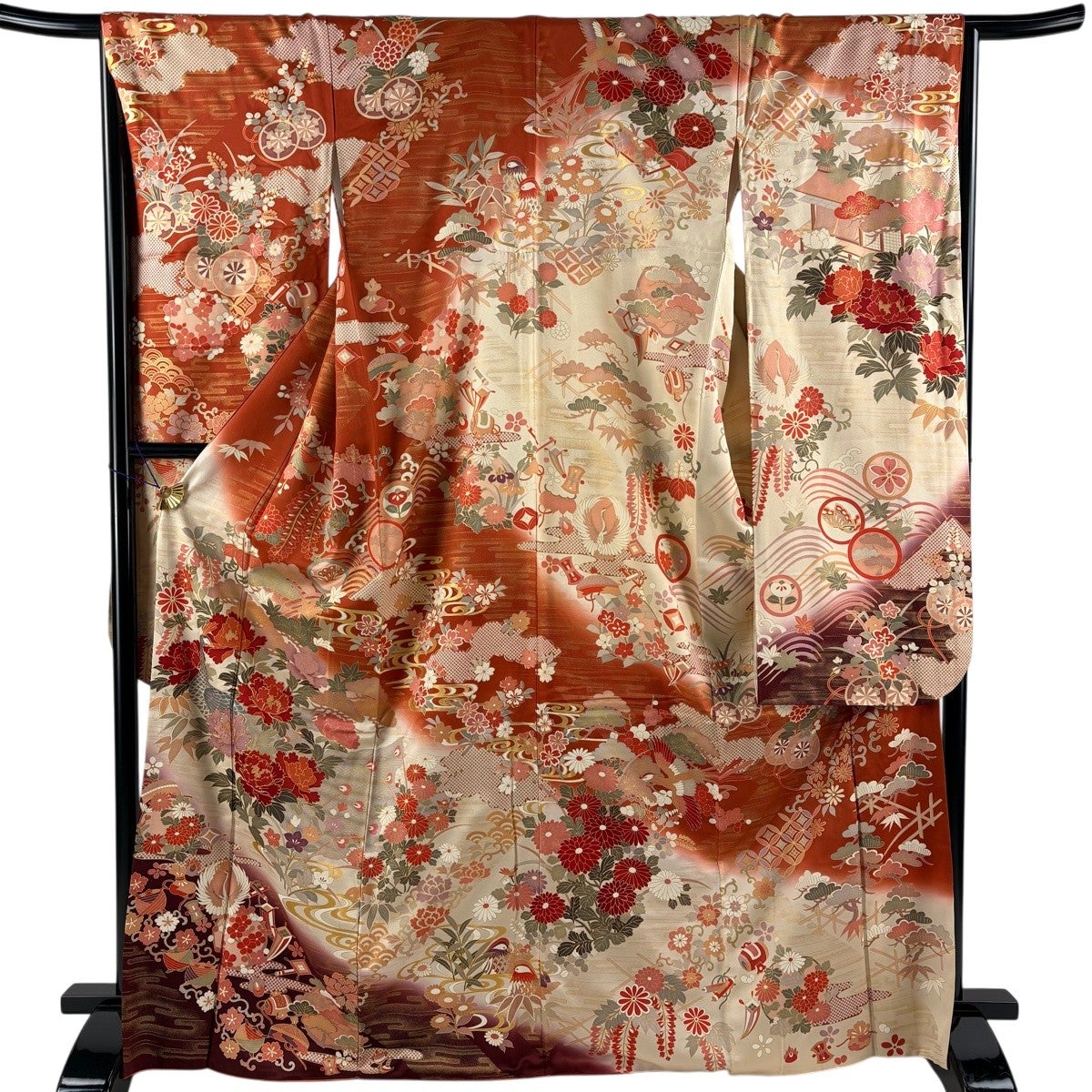 【美品】 振袖 身丈164.5cm 裄丈67.5cm 正絹 名品 【中古】 美品】 振袖 身丈164cm 裄丈67cm M 袷 桜 霞 箔 染め分け 青緑 正絹