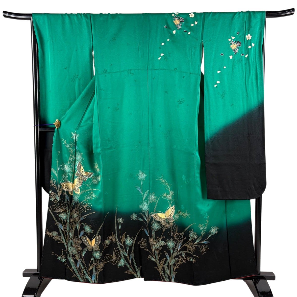 振袖 身丈160cm 裄丈68cm L 袷 蝶 草花 金彩 染め分け 緑 正絹 秀品