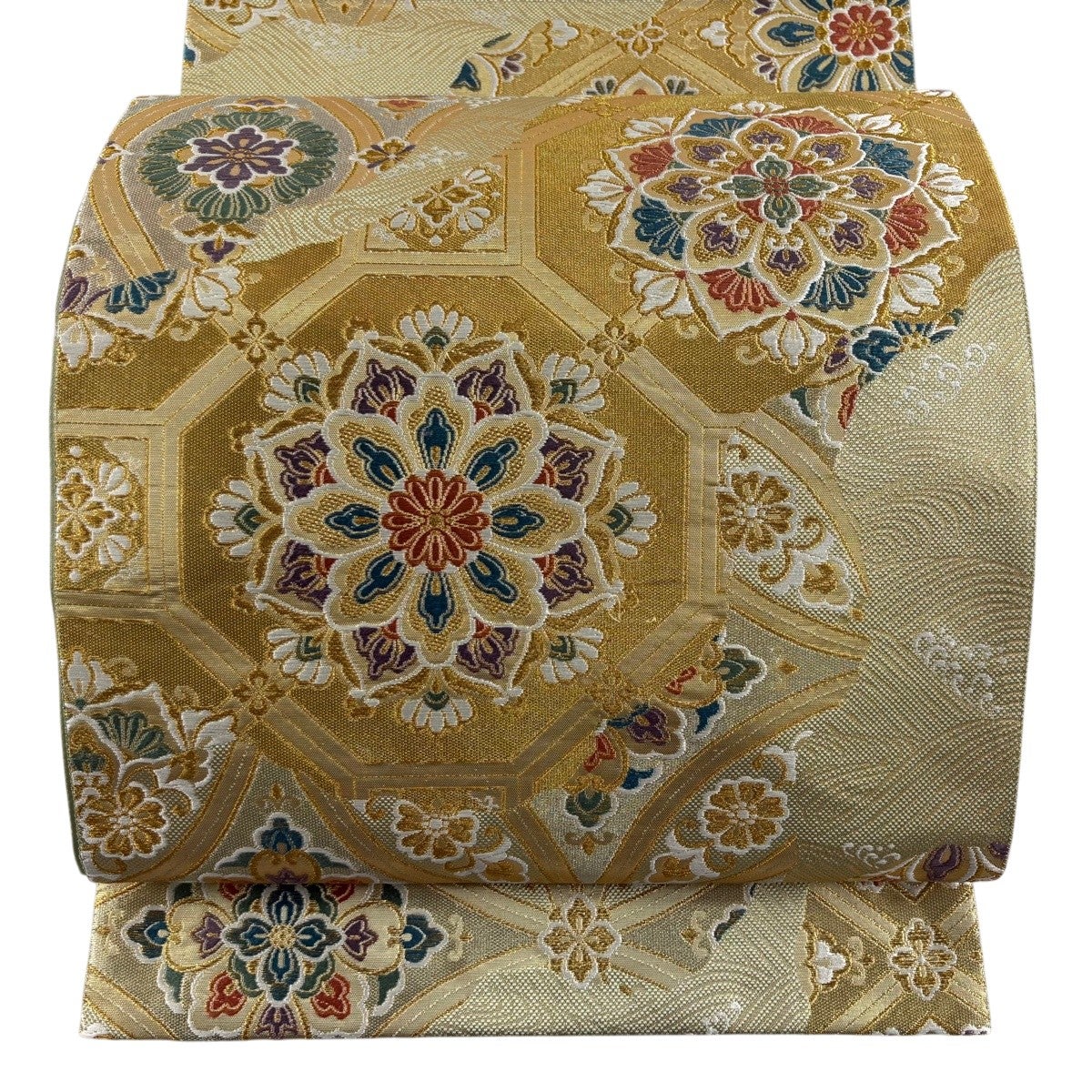 【美品】正絹 八寸名古屋帯 松葉仕立て 華文 蜀江文 金銀糸 セミフォーマル 名古屋帯 秀品 八寸名古屋帯 松葉仕立て 蜀江華文 灰色 正絹｜中古