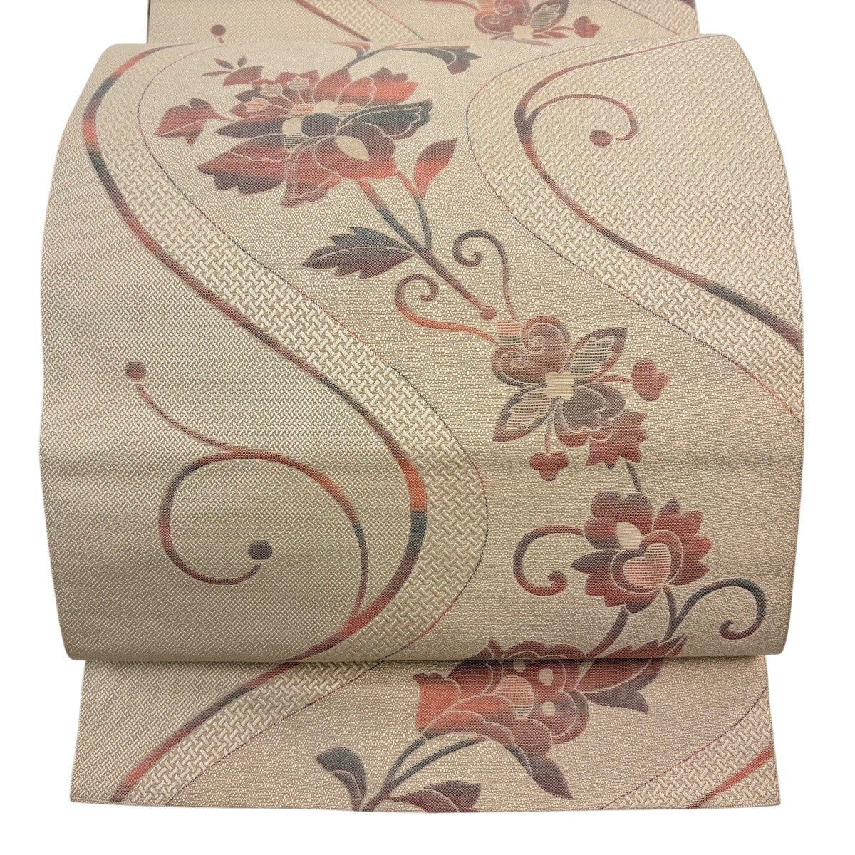 30%OFF 名古屋帯 優品 八寸名古屋帯 松葉仕立て 花唐草 流水 ベージュ